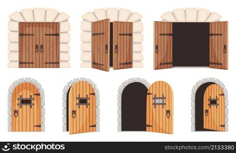 Opened and closed medieval doors, old castle gate, dungeon door. Cartoon wooden prison doorway, ancient city entrance gates vector set. Stone arch for historic palace or kingdom entry. Opened and closed medieval doors, old castle gate, dungeon door. Cartoon wooden prison doorway, ancient city entrance gates vector set