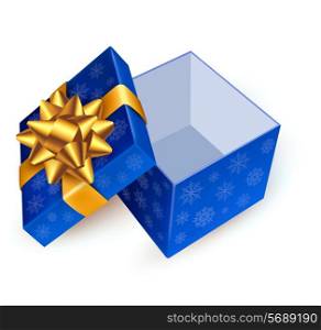Opened blue gift box with golden ribbon. Vector illustration.