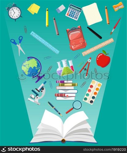 Opened book and education items. Globe clock ruler notebook book calculator paint microscope apple. Academic knowledge, education and graduation. Vector illustration in flat style. Opened book and education items.
