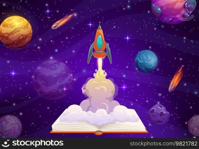 Opened book and rocket launch, business start up. Vector starship take off with cloud trail on starry space background. Startup project boost, interstellar travel in Universe, way to success concept. Opened book and rocket launch, business start up