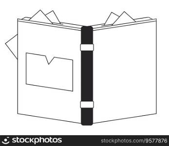 Opened book with bookmarks flat monochrome isolated vector object. Reading. Education. Editable black and white line art drawing. Simple outline spot illustration for web graphic design. Opened book with bookmarks flat monochrome isolated vector object