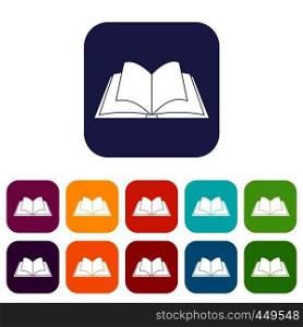 Opened book with pages fluttering icons set vector illustration in flat style In colors red, blue, green and other. Opened book with pages fluttering icons set flat