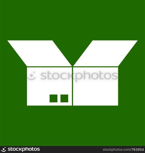 Opened cardboard box icon white isolated on green background. Vector illustration. Opened cardboard box icon green