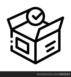 Opened Carton Box Approved Element Vector Icon Thin Line. Approved Sign On Document File And Hands, Computer Monitor And Smartphone Display Concept Linear Pictogram. Monochrome Contour Illustration. Opened Carton Box Approved Element Vector Icon