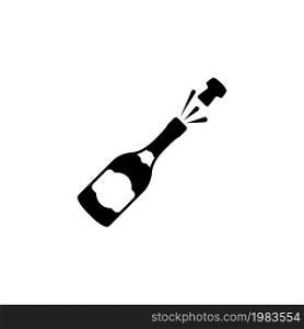 Opened Champagne Bottle, Cork Explosion. Flat Vector Icon illustration. Simple black symbol on white background. Opened Champagne Bottle, Explosion sign design template for web and mobile UI element. Opened Champagne Bottle, Cork Explosion Vector Icon