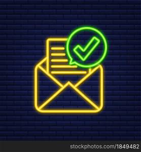 Opened envelope and document with green check mark. Neon icon. Verification email. Vector illustration. Opened envelope and document with green check mark. Neon icon. Verification email. Vector illustration.
