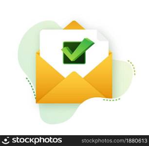 Opened envelope and document with green check mark. Verification email. Vector illustration. Opened envelope and document with green check mark. Verification email. Vector illustration.