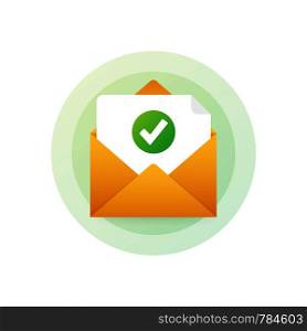 Opened envelope and document with green check mark. Verification email. Vector illustration.. Opened envelope and document with green check mark. Verification email. Vector stock illustration.