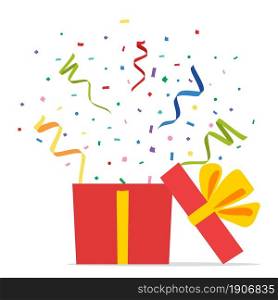 Opened Gift Box and Confetti. Surprise package. Opened present box with fireworks. Christmas, Birthday celebration, Party, greeting card design element. Vector illustration in flat style. Opened Gift Box and Confetti.