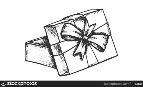 Opened Gift Box And Decorated Ribbon Retro Vector. Empty Wooden Present Box With Beautiful Bow. Ornamental Tape Luxury Package Engraving Template Hand Drawn In Vintage Style Monochrome Illustration. Opened Gift Box And Decorated Ribbon Retro Vector