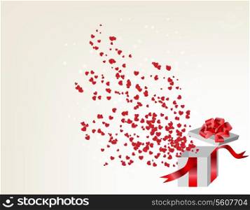 Opened gift box with flying hearts, Valentine&#39;s card. vector illustration