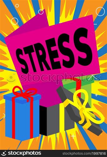 Opened gift box with white paper and Stress text. Christmas, New Year or Birthday present.