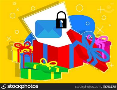 Opened gift box with white paper Sending encrypted E-Mail protection blue secure mail internet symbol on it. Christmas, New Year or Birthday present.