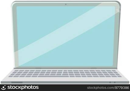 Opened grey laptop with blue empty screen, modern technology, electronic device, internet at wireless computer. Cartoon vector icon isolated. Digital device. Simple icon for apps or websites, logo. Opened grey laptop with blue empty screen, modern technology, electronic device, computer isolated