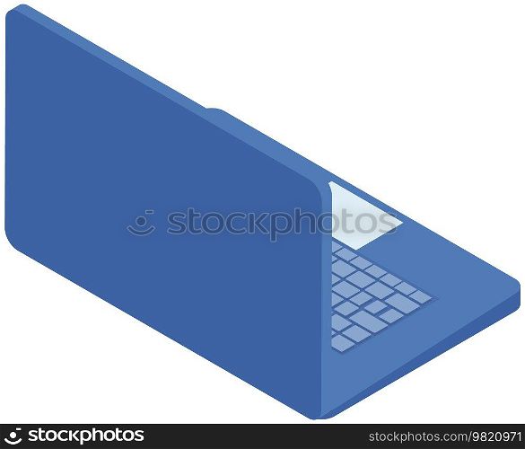 Opened laptop isolated on white back view. Portable computer for work and study. Modern device electronic gadget on table. Equipment for workplace and freelancing. Blue laptop with keyboard and screen. Opened laptop isolated on white back view. Portable computer for work and study. Modern device