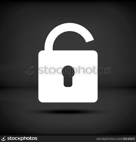 Opened lock icon with black background and shadow. Opened lock icon