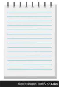 Opened notebook on clean white sheet. It striped by blue horizontal lines to write straight. Notepad has metal spiral to attach papers, vector illustration. White Sheet in Notepad with Metal Spiral