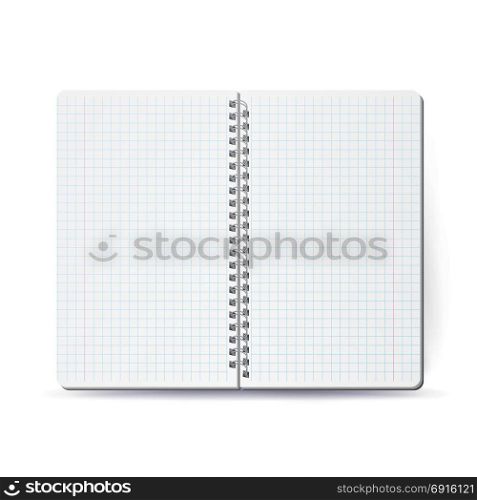 Opened Notebook With Coil Spiral. Vector Spiral Notepad. Clean Mock Up For Your Design. Vector illustration. Opened Notepad Blank Vector. 3D Realistic Notebook Mockup. Blank Notebook With Clean Cover