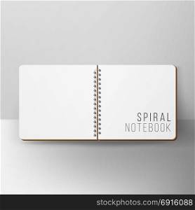 Opened Notepad Blank Vector. 3D Realistic Notebook Mockup. Blank Notebook With Clean Cover. Spiral Empty Notepad Blank Mockup. Template For Advertising Branding, Corporate Identity. Opened Album With White Pages Mockup. Realistic Vector Illustration.