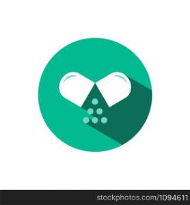 Opened pill icon with shadow on a green circle. Flat color vector pharmacy illustration