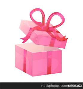 Opened pink box with red ribbon bow. Valentine day, Christmas, Happy birthday concept. Illustration isolated on white background in realistic cartoon style.. Opened pink box with red ribbon bow. Illustration isolated on white background in realistic cartoon style.