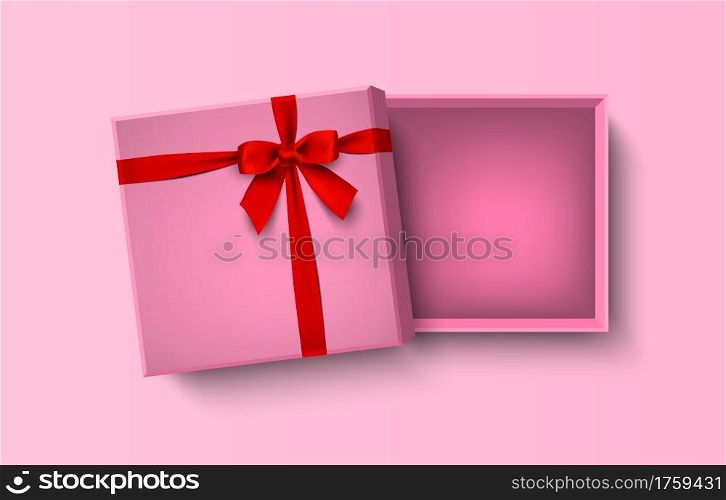 Opened pink empty gift box with red bow and ribbon, vector illustration