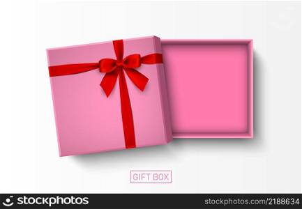 Opened pink gift box with red bow isolated on white background, vector illustration