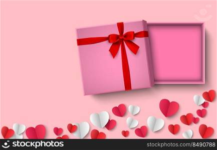 Opened pink gift box with red bow paper heart on pink background, vector illustration