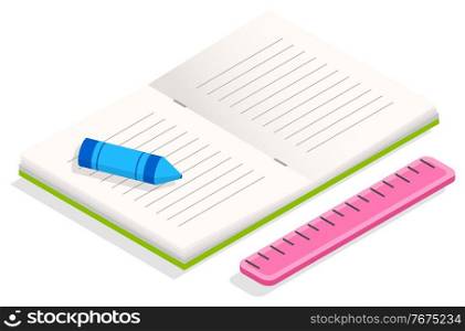 Opened textbook with hard cover and white sheets. Supplies for education, study and work at office. Stuff for school like book and pen, pencil and ruler. Isometric 3d vector illustration in flat style. Book and Stationery, Supplies for Study and Work