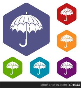Opened umbrella icons vector colorful hexahedron set collection isolated on white. Opened umbrella icons vector hexahedron