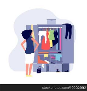 Opened wardrobe. Girl stand front closet. Stack clothes on floor, fashion problems and chaos. Organisation dressing vector illustration. Wardrobe with clothes, dress and clothing in open closet. Opened wardrobe. Girl stand front closet. Stack clothes on floor, fashion problems and chaos. Organisation dressing vector illustration