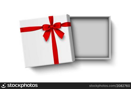 Opened white gift box with red bow isolated on white background, vector illustration