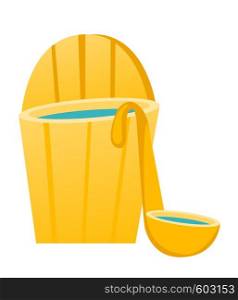 Opened wooden bathtub in a barrel shape with ladle. Sauna accessories. Vector cartoon illustration isolated on white background.. Bath barrel with ladle vector cartoon illustration