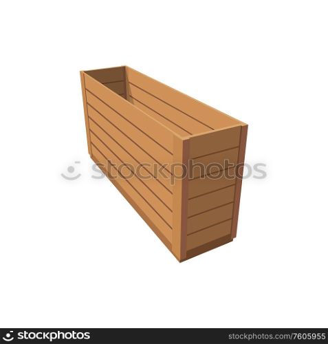 Opened wooden crate isolated container package. Vector high wood box made of planks. Wooden crate made of planks isolated timber box
