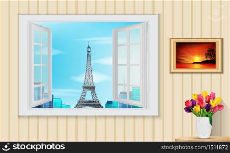 Opened wooden window and view on Eiffel tower