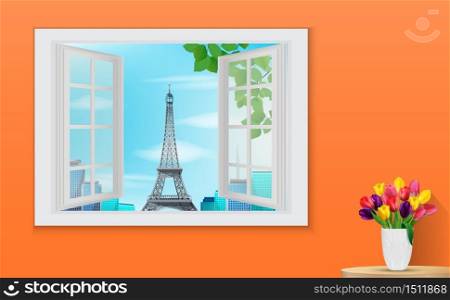 Opened wooden window and view on Eiffel tower .Vector illustration