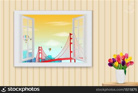 Opened wooden window and view on golden gate bridge