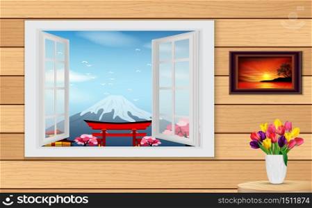 Opened wooden window and view on Pagoda and Mountain Fuji