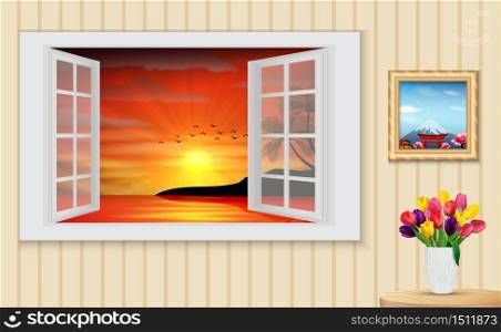 Opened wooden window and view on palm tree sunset in the beach