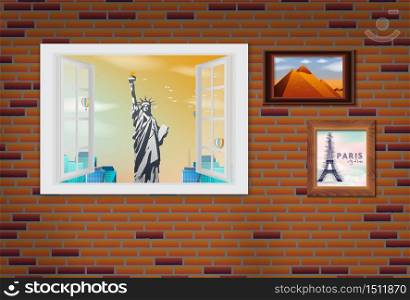 Opened wooden window and view on statue of liberty