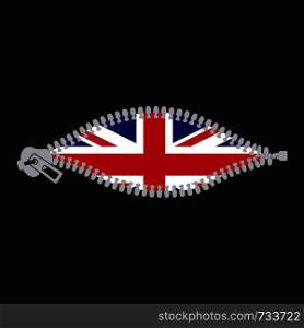 Opened zipper revealing United Kingdom of Great Britain flag