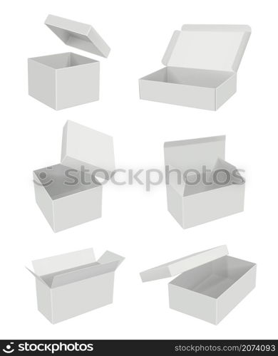 Opening blank boxes. Realistic mockup white cardboard gift packages decent vector 3d set. Cardboard pack box, square mockup illustration. Opening blank boxes. Realistic mockup white cardboard gift packages decent vector 3d set