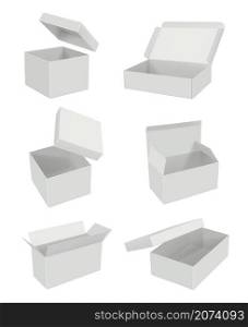 Opening blank boxes. Realistic mockup white cardboard gift packages decent vector 3d set. Cardboard pack box, square mockup illustration. Opening blank boxes. Realistic mockup white cardboard gift packages decent vector 3d set