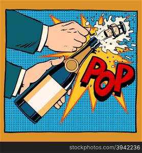 opening champagne bottle pop art retro style. Wedding, anniversary, birthday or new year. Alcoholic beverages wine and restaurants. Drink. Explosion foam tube moment of triumph. Your brand here