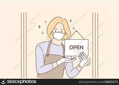 Opening doors after coronavirus pandemic, reopening concept. Young woman in protective medical mask opening door of cafe or shop with men sign and waiting for guests again vector illustration . Opening doors after coronavirus pandemic, reopening concept
