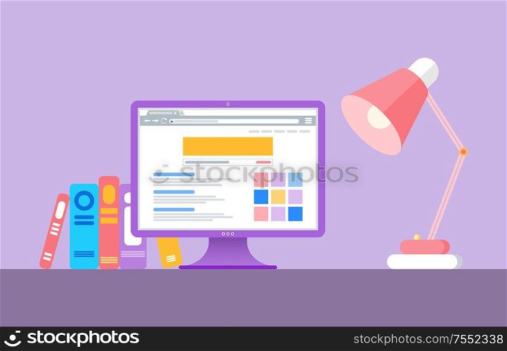 Opening educational web page in computer. Table lamp and books near monitor. Electronic studying courses, increasing knowledge isolated on purple vector. Table Lamp, Books and Monitor with Web Page Vector