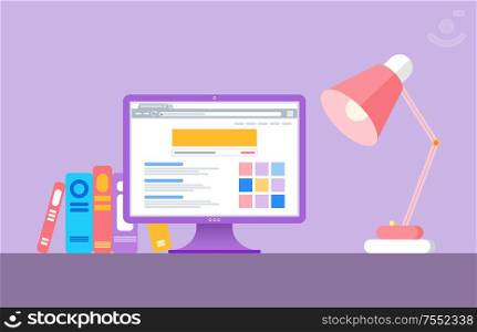 Opening educational web page in computer. Table lamp and books near monitor. Electronic studying courses, increasing knowledge isolated on purple vector. Table Lamp, Books and Monitor with Web Page Vector