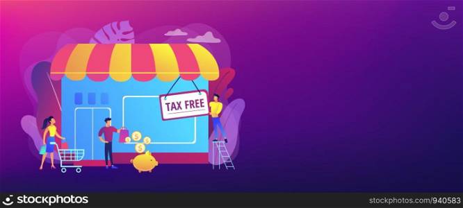 Opening new business, startup without taxation. Tax free service, VAT free trading, refounding VAT services, duty free zone concept. Header or footer banner template with copy space.. Tax free service concept banner header