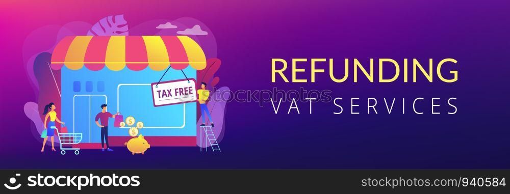 Opening new business, startup without taxation. Tax free service, VAT free trading, refounding VAT services, duty free zone concept. Header or footer banner template with copy space.. Tax free service concept banner header