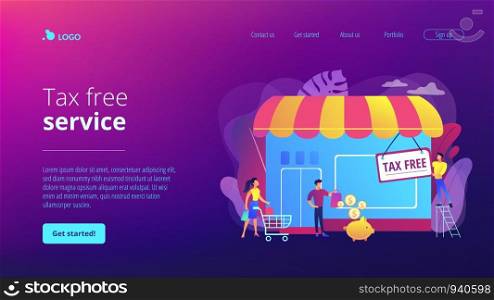 Opening new business, startup without taxation. Tax free service, VAT free trading, refounding VAT services, duty free zone concept. Website homepage landing web page template.. Tax free service concept landing page